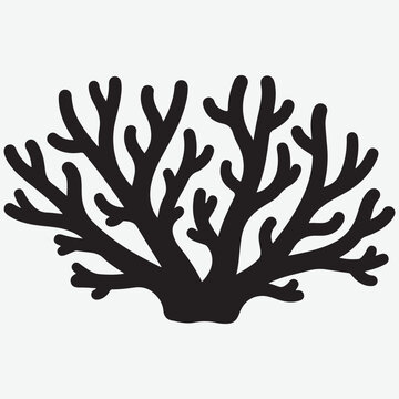 Black silhouette of a branching coral reef structure on a light grey background white