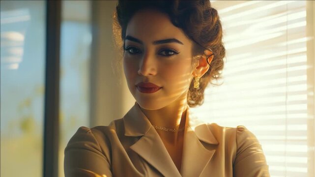 A woman with a confident and professional demeanor, captured in a portrait-style videograph set within an office environment during the golden hour.