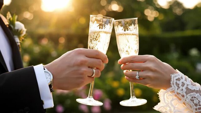 caucasian bride and groom clinking champagne glasses at wedding reception. couple holding crystal flutes with sparkling wine. outdoor garden party at sunset. marriage celebration, romantic toast.