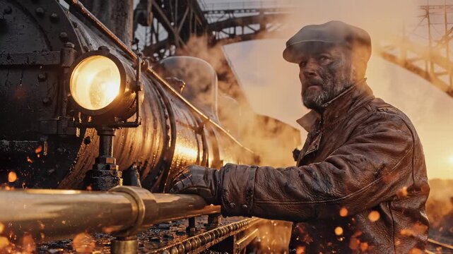 Steam train driver stands on vintage locomotive. Dirty engineer looks ahead at golden sunset. Man holding railing of steam engine. Steam train driver checks engine. Railway worker on steam train.