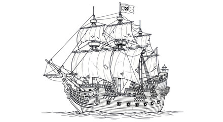 Pirate Ship Sailing, Old Galleon with Jolly Roger Flag, Nautical Adventure