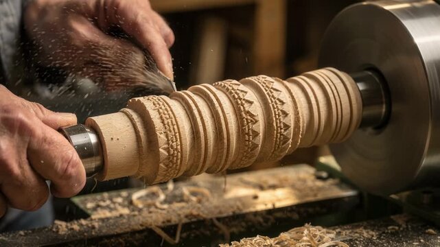 Closeup of a craftsman shaping fluted wood dowels on a lathe showcasing detailed grooves and textured patterns for fine woodworking connectors.