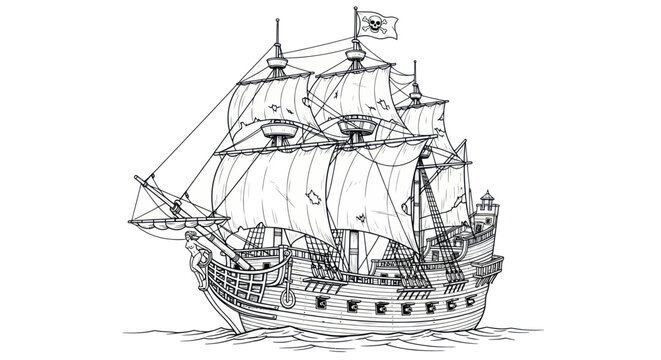 Pirate Ship Sailing, Old Galleon with Jolly Roger Flag, Nautical Adventure