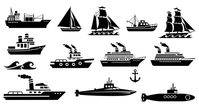 Set of Black and White Ship Icons and Silhouettes, Marine Transportation Vector Collection