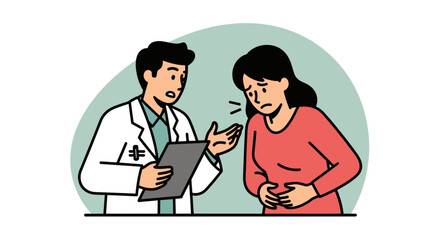Obraz premium Worried Female Patient Discussing Abdominal Pain Symptoms with Concerned Male Doctor Holding Clipboard in Medical Consultation Scene