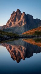 Majestic mountain peak reflected in a serene alpine lake at sunrise