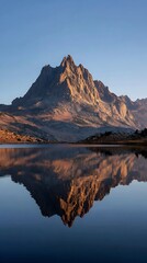 Majestic mountain peak reflected in a serene alpine lake under a clear blue sky