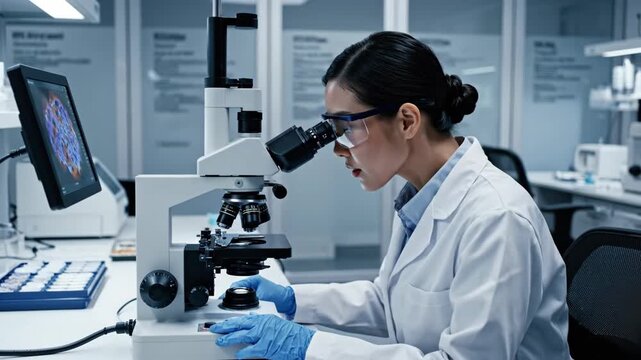 asian female scientist looking through microscope in laboratory. medical research, virus analysis on monitor. healthcare, biotechnology concept. science, medicine.