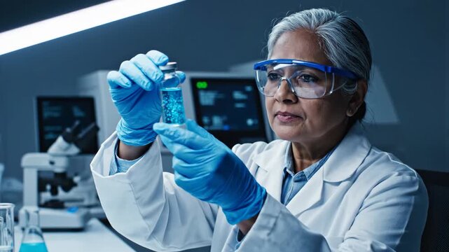 senior indian female scientist holding petri dish in laboratory. medical research, chemical experiment. healthcare, biotechnology concept. medicine, science.