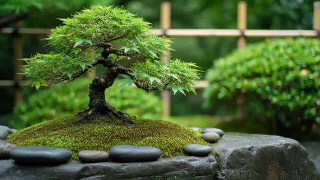 A small bonsai tree sits on a mossy rock surrounded by flat stones in a serene garden with a wooden fence and lush greenery in the background