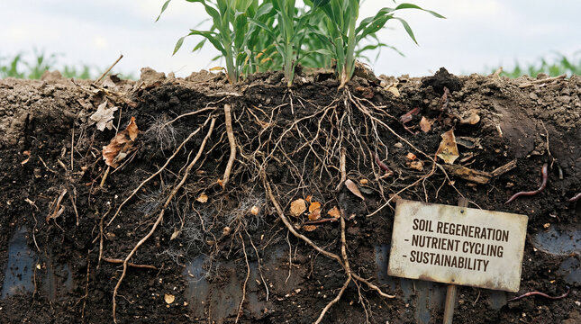 A close view of a field reveals healthy corn roots reaching into dark, organic soil teeming with earthworms and decomposing matter
