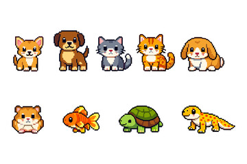 Fototapeta premium Cute pixel art pets: dogs, cats, hamster, fish, turtle, lizard