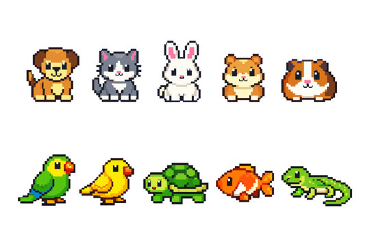 Cute pixel art pets: dog, cat, rabbit, hamster, guinea pig, parrot, canary, turtle, fish, lizard