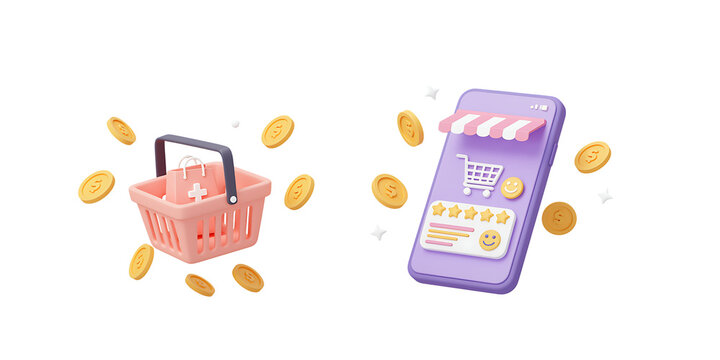 Online shopping concept with mobile phone and pink shopping basket surrounded by coins  digital illustration transparent background