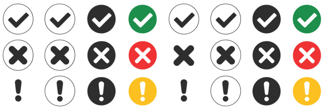 Collection of check marks crosses and exclamation points in various colors