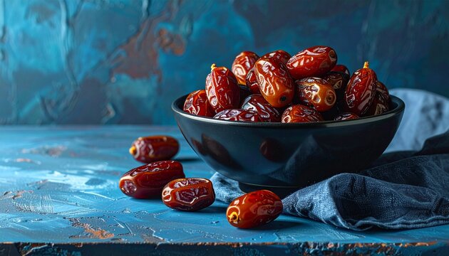 Professional food photography of premium dates in a bowl with blue linen napkin and moody background