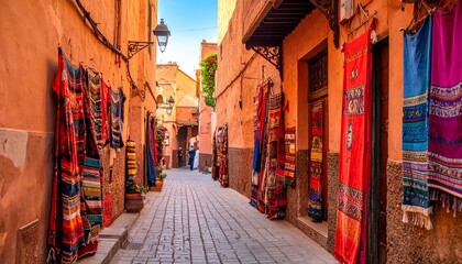 Fototapeta premium Street in Marrakesh with vibrant colors. Semi-realistic scene emphasizing lively atmosphere, warm tones, and detailed Moroccan architecture and street life. 