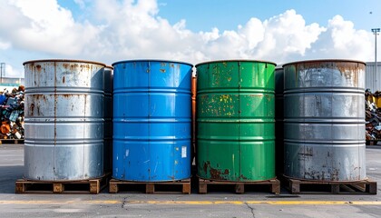 Stacked metal containers for scrap sorting in industrial recycling yard