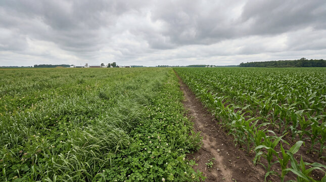 Verdant fields stretching under a vast grey sky, a winding path dividing thriving young corn from lush green cover crops on an overcast rural day