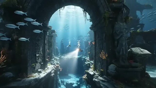 Underwater Ancient Temple Ruins with Sunlight.