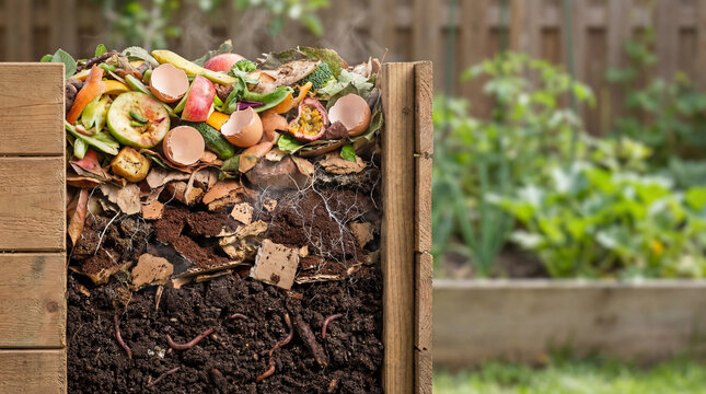 Layers of life within a garden compost bin nurturing future growth with decomposing fruit peels, vegetable scraps, and busy earthworms