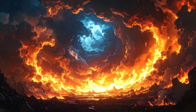 A fiery vortex of clouds circles a blue center, casting an ominous glow on a desolate landscape