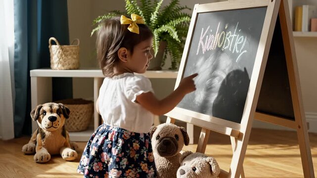 Little girl points at blackboard in sunny room. Toddler learns on blackboard with stuffed animals. Happy girl smiles near blackboard. Child learning at home. Cute girl pointing at blackboard.