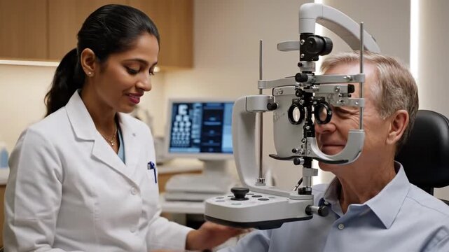 Friendly female optometrist conducts a comprehensive eye exam on a mature male patient in a modern clinic setting showcasing preventative healthcare and vision wellness