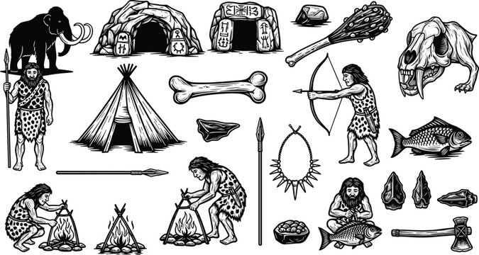 Prehistoric caveman lifestyle illustration set with mammoth, stone tools, cave, hunter, fire, primitive weapons vector collection isolated