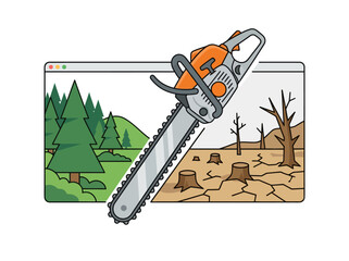 Fototapeta premium Chainsaw cutting through a landscape showing deforestation and environmental impact. Vector Illustration. EPS Editable