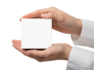 Obraz premium Hands holding blank cube isolated on transparent background