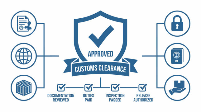 Customs Clearance Process Approved with Icons and Checklist. Vector Illustration. EPS Editable