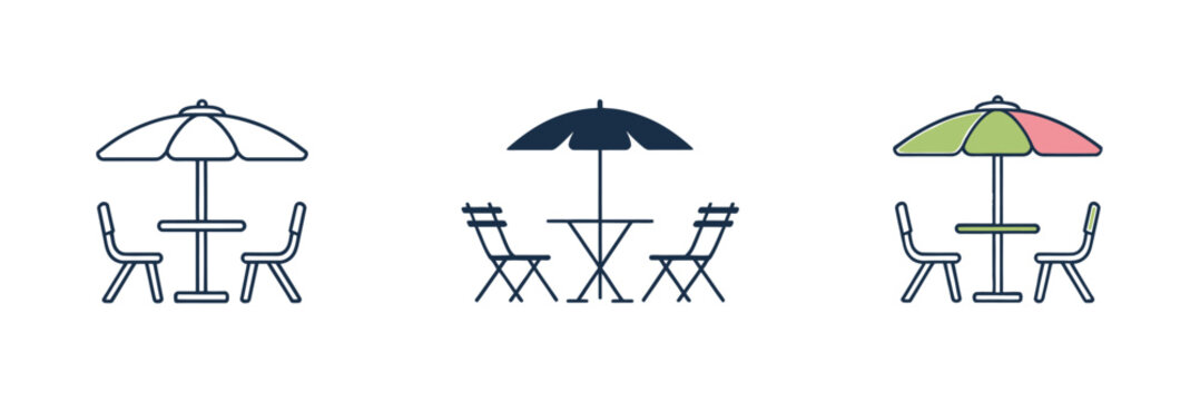 Three outdoor cafe sets with umbrellas and chairs in varying styles