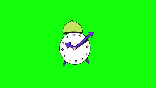 Looping 2D animation of a cute alarm clock, round white face with purple hands and dots, green bell on top wobbling slightly, clock hands rotating smoothly to show time passing, simple cartoon style.
