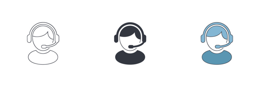 Three variations of a customer service representative icon with a headset