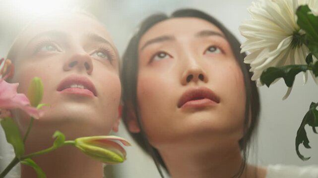 Two diverse women looking up at bright sunlight with blooming flowers indoors Asian Caucasian girls female dreamy hopeful faces smooth skin natural beauty harmony spring fresh seasonal atmosphere