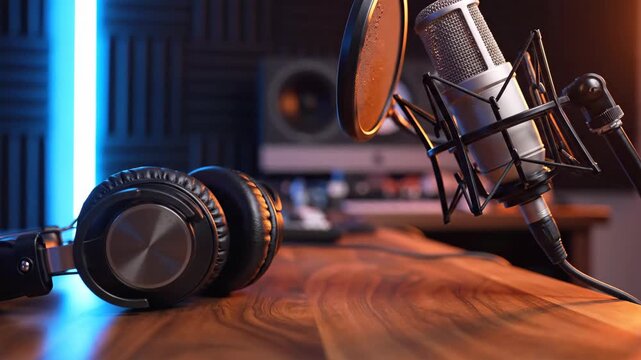 professional condenser microphone and black headphones on wooden desk. audio recording equipment in studio with acoustic foam. podcast, music production or radio broadcasting.