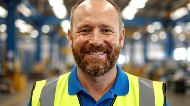 Industrial warehouse inspection portrait of a smiling man in a yellow safety vest and blue shirt, shoulder-up view