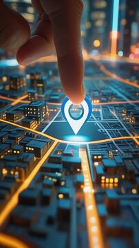 A hand navigates a futuristic city map with a glowing location pin, roads and buildings lit at night