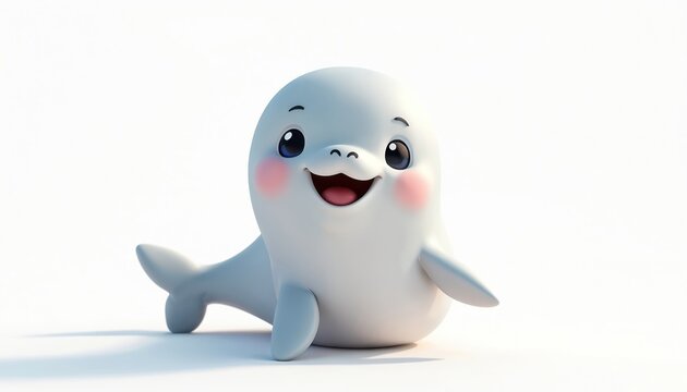 Cute cartoon baby beluga whale smiles happily. Small white arctic mammal has big blue eyes and pink cheeks. Adorable sea creature isolated on plain white background. Whimsical digital art.