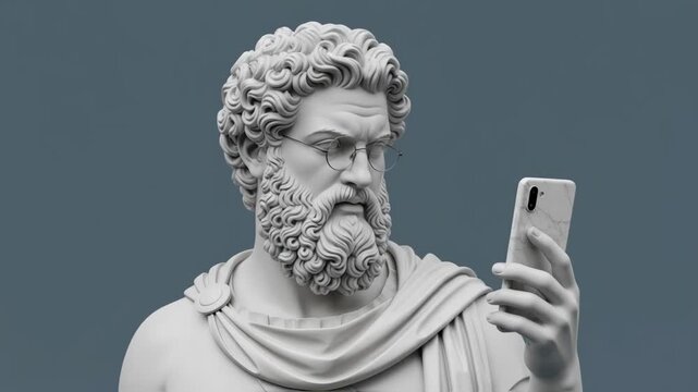 Classical statue of a bearded male figure holding a smartphone, set against a vibrant background, merging ancient art with modern technology in a striking visual contrast