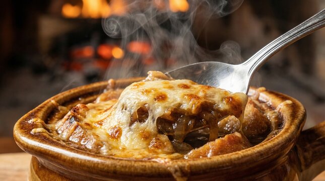 Spoon lifting cheesy onion gratin soup(オニオングラタンスープのチーズを持ち上げるスプーン)