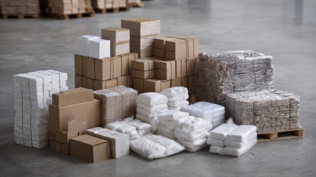 Large stack of parcels and wrapped packages in warehouse