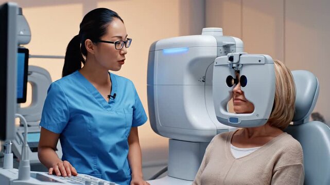 Healthcare professional assists a patient during an eye examination using advanced diagnostic equipment in a modern medical clinic setting emphasizing preventative care and technology