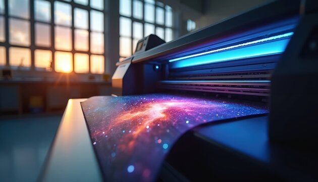 Large format printer creates vivid galaxy image on material. Advanced digital printing technology uses blue UV light for curing. Production in workshop with sunset light.