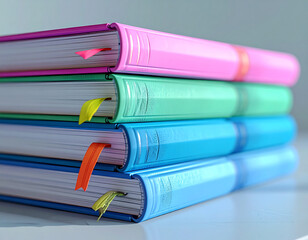A stack of books with a blue book on top. The books are pink, blue, and green