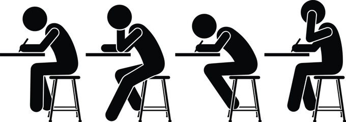 Student writing silhouettes, exam test situations, studying posture, classroom learning, school education concept, academic assessment, test anxiety, isolated vector illustration © Rubel