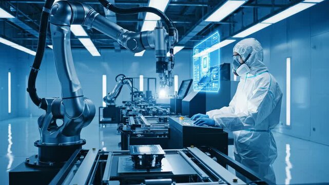 industrial robot arm and worker in protective suit at manufacturing plant. automated production line in cleanroom. modern technology, electronics industry.