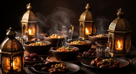 Obraz premium Festive Ramadan Dinner Table with Warm Food Steam and Glowing Lanterns at Night, AI Generated