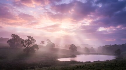 Fototapeta premium Ethereal sunrise over a misty landscape with a tranquil pond and trees under a sky painted with purple and pink clouds and sunbeams.